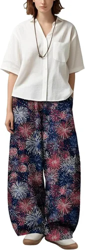 Vista 4 de Womens Wide Leg Firework Pattern Pants High Waist Cotton Blend Lantern Trousers Casual Summer Loungewear