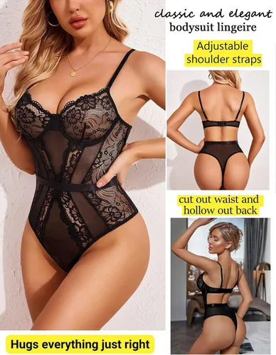 Vista 3 de Avidlove Body de lencería de encaje para mujer, con cierre de entrepierna, babydoll de una pieza con aros