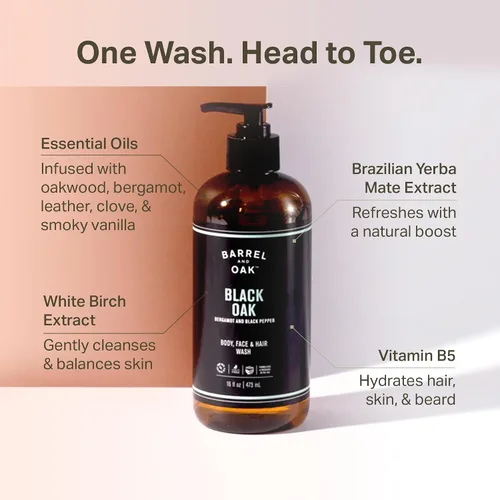 Vista 3 de Barrel & Oak Lavado todo en uno para cara, cabello y cuerpo, vegano e hidratante para la cara, champú y gel de baño para hombres, kit de aseo