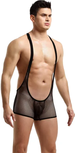 Vista 4 de Body tipo bóxer de malla para hombre, ropa interior para lucha libre Negro