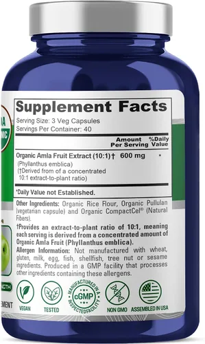 Vista 3 de NusaPure Cápsulas orgánicas de Amla 600 mg, 120 cápsulas vegetales (USDA, veganas, sin OMG)
