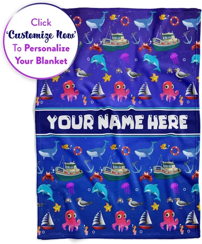 Vista 4 de Manta personalizada de Living para niños Manta de forro polar de animales marinos personalizada Manta azul para niños Manta para bebé niña