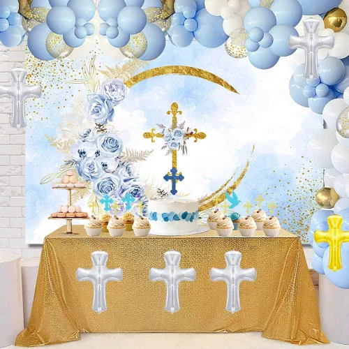 Vista 6 de SENDY Telón de fondo de 7 x 5 pies con texto en inglés "Mi Bautizo" mexicano, decoración de fiesta de bautizo, decoración de fiesta de bautizo
