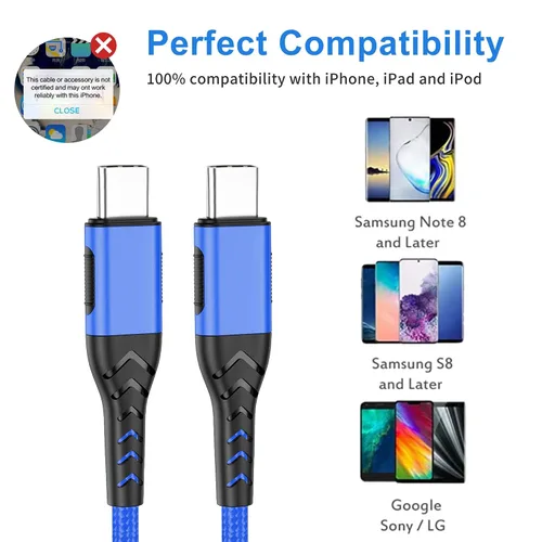 Vista 6 de Durcord Cable USB C a USB C, paquete de 2 cables de carga USB C de 60 W y 6 pies de carga rápida, cargador tipo C a tipo C trenzado compatible