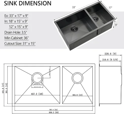 Vista 6 de Fregadero de cocina negro de 33 x 17 pulgadas con doble tazón, 33 x 17 x 9 pulgadas, calibre 16, acero inoxidable negro, montaje inferior