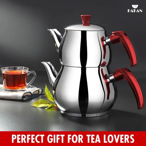 Vista 6 de Hakan Juego de tetera Maxi Double Bondy de acero inoxidable de 3.2 L, 107 onzas, con tapa doble autocolador, juego de tetera estilo samovar turco