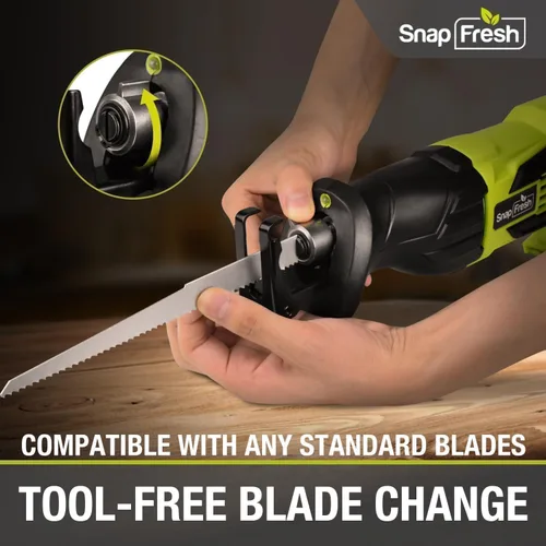 Vista 5 de SnapFresh Sierra Recíproca Inalámbrica de 20V – 3000 SPM, Gatillo de Velocidad Variable, Cambio de Hoja sin Herramientas, Luz LED, Ligera y Compacta