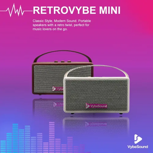 Vista 4 de RetroVybe - Mini altavoz Bluetooth portátil, sonido cristalino con graves profundos, batería de 8 horas de duración, micrófono integrado