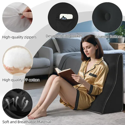 Vista 5 de Almohada de cuña de cama para cabecero, juego de cuña triangular para sentarse en la cama, reflujo ácido, poscirugía y ronquidos (terciopelo negro)