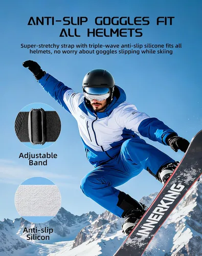 Vista 6 de Innerking Gafas de esquí intercambiables, gafas de nieve con lente magnética, gafas de snowboard antivaho OTG para mujeres, hombres, adultos