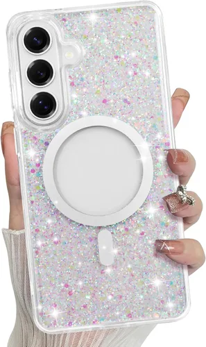 Vista 483 de Bonoma - Funda compatible con Samsung Galaxy S21 Plus, diseño de corazón con purpurina, color rosa Support for MagSafe, Plating Magnetic Case TPU
