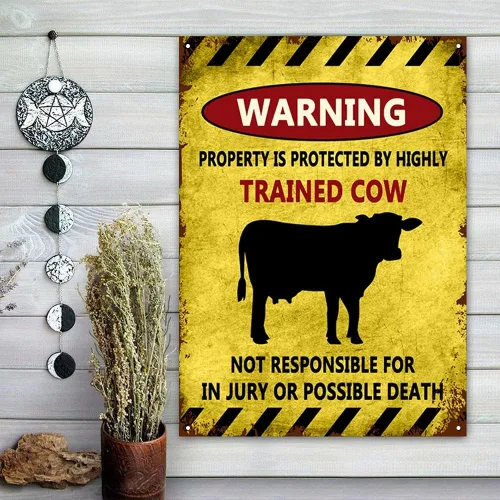 Vista 3 de Homega Letrero de metal con diseño de vaca de la casa de vacas, placa de metal de granja de ganado, advertencia de esta propiedad está protegida por