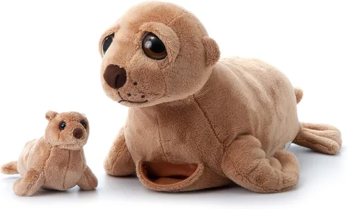 Vista 9 de The Petting Zoo Peluche de león marino para mamá y bebé, regalos para niños, animales del océano Pocketz, juguete de peluche de león marino de 14