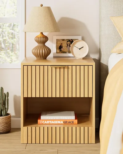 Vista 10 de Mesita de noche pequeña, mesita de noche moderna, mesita de noche con cajón y estante abierto, diseño de cubo, mesa auxiliar pequeña