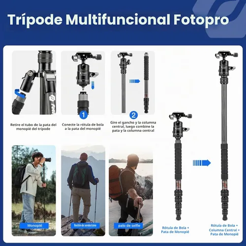 Vista 3 de Fotopro 60" Carbon Fiber Camera Travel Tripod, Detachable Monopod for DSLR Negro