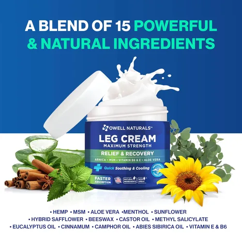 Vista 5 de OWELL NATURALS Crema calmante para las piernas, fórmula calmante penetrante profunda, acción rápida y máxima fuerza con árnica, aloe vera vitamina