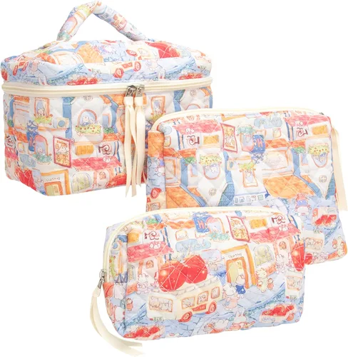Vista 33 de PAZIMIIK - Bolsa de maquillaje de algodón para mujer, grande, acolchada para viaje, Rosa (Bow Pink), Vintage