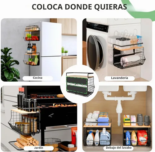 Vista 6 de Estante magnético para refrigerador con tapa de madera, contenedores de almacenamiento de papas y cebollas, contenedor grande de cocina, estante