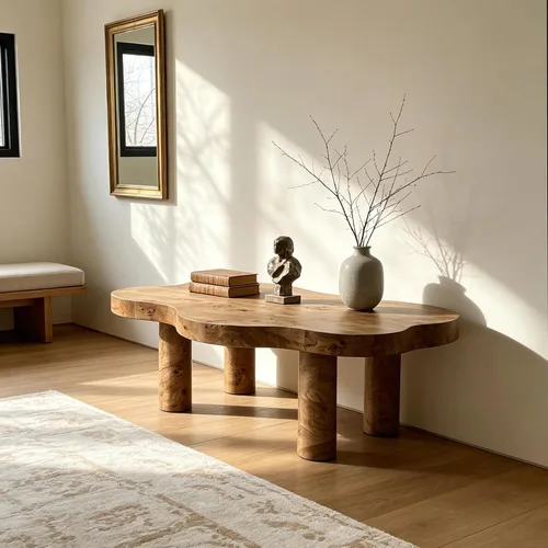 Vista 3 de WILLIAMSPACE Mesa de centro de nube de 39.7 pulgadas con chapa de madera Burl y 4 patas redondas, moderna mesa central de madera con patrón de nudo