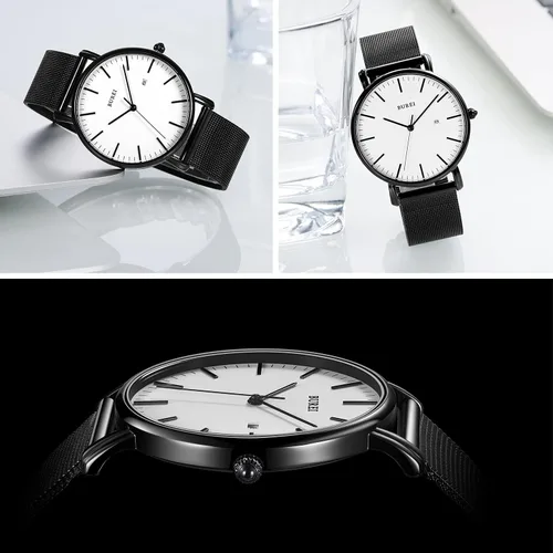 Vista 3 de BUREI Reloj de pulsera analógico de cuarzo ultrafino, calendario de fecha, correa de malla de acero inoxidable