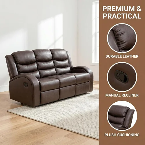 Vista 3 de Juego de sofá reclinable de 3 piezas, juego de muebles de sala de estar, sofá reclinable seccional de cuero, sofá reclinable manual, cómodo asiento