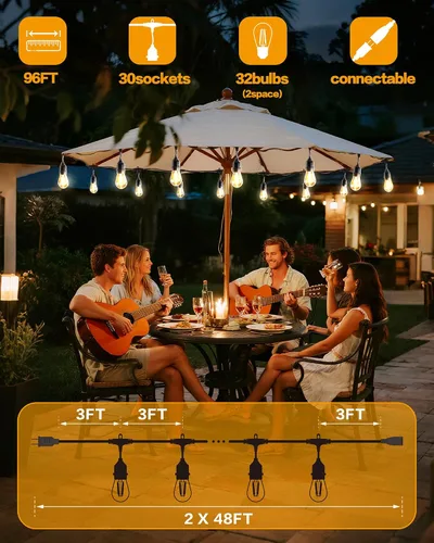 Vista 4 de Luces de Cadena para Exteriores, LED Súper Brillantes - 96 PIES 30 Bombillas S14 (2 de Repuesto), IP65 Resistente al Agua, Grado Comercial e