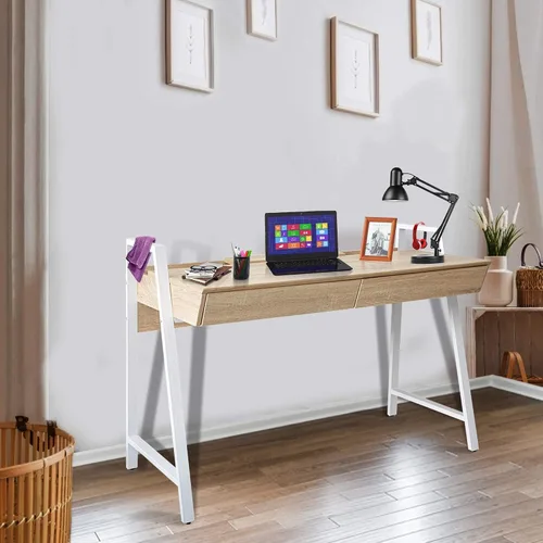 Vista 2 de LUCKYERMORE Escritorio para computadora de oficina en casa, mesa de pie de madera de roble de 50 pulgadas con 2 cajones, escritorio de estudio