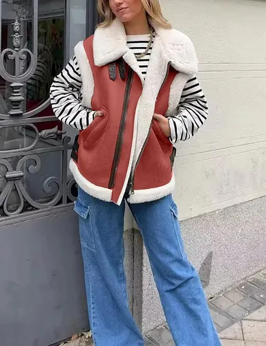 Vista 4 de APAFES Chaleco de gamuza de piel de invierno para mujer, cuello alto, sin mangas, forro polar
