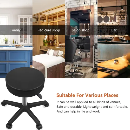 Vista 6 de KKTONER Taburete redondo con ruedas de cuero PU ajustable giratorio de trabajo de dibujo SPA Taburetes de salón Silla con ruedas Negro