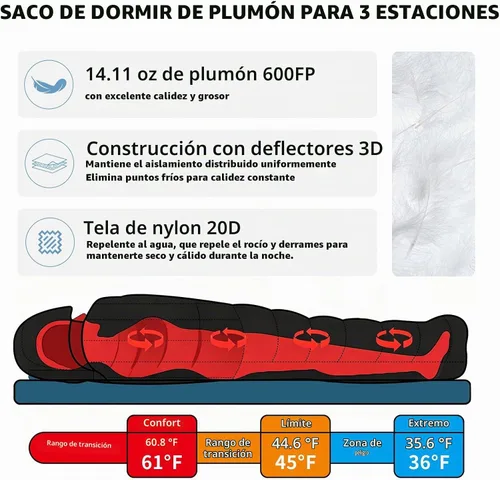 Vista 3 de Ultralight Down Sleeping Bag for Adults, 600 Fill Power Backpacking Beige/ marrón