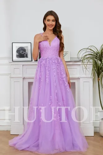 Vista 3 de Vestidos de graduación de tul con purpurina, cuello en V, apliques de encaje, vestidos largos de baile para mujer, vestidos formales de tirantes