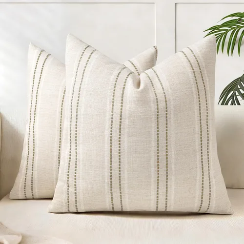 Vista 11 de AELS Fundas de Almohada Decorativas de Lino Estilo Granja de 16x16, Funda de Almohada con Textura Boho, Juego de 2, Beige con Rayas de Hilo Teñido