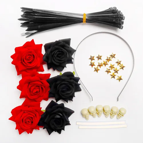Vista 2 de Diadema del Día de los Muertos, corona floral de rosa, corona de calavera para Halloween, corona con rosas, disfraz para mujeres y niñas