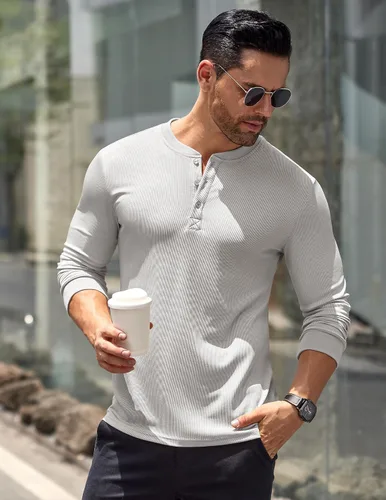 Vista 11 de COOFANDY Camisas Henley de manga larga para hombre, camisetas elásticas acanaladas, camisetas básicas casuales de moda
