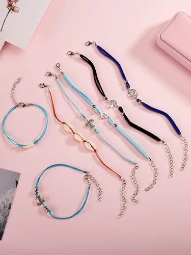 Vista 5 de 17 piezas Tobilleras ajustables Boho tortuga estrella de mar concha flamenco playa tobillo pulseras joyería pie pie para mujer