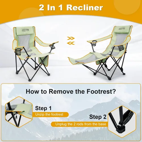Vista 5 de YOUNG WOOD Silla de camping reclinable, portátil con reposapiés, silla de camping plegable para adultos, reposacabezas y bolsa de almacenamiento