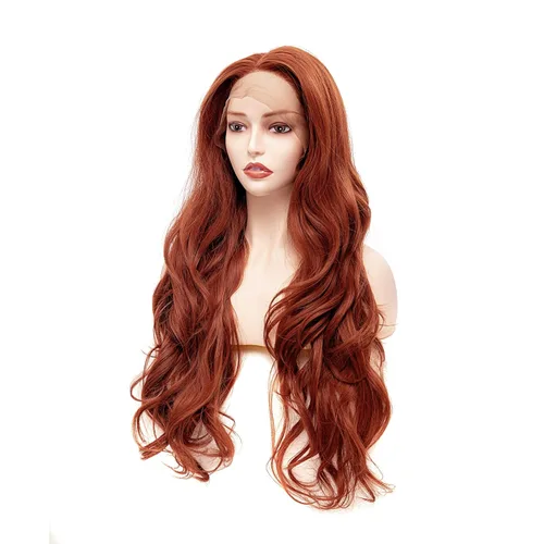Vista 5 de Rugelyss Peluca de cabello sintético de 24 pulgadas de largo, color rojo cobrizo sin pegamento, parte libre de ondas naturales, parte libre de área