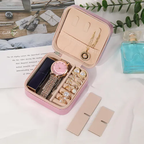 Vista 7 de Organizador de joyas colgante con cremallera, organizador de joyas de viaje, caja pequeña de joyería de piel sintética, joyero para mujeres y niñas