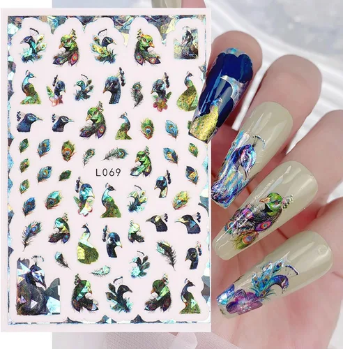 Vista 6 de 8 hojas de calcomanías de arte de uñas de flores de animales, calcomanías autoadhesivas 3D de mariposas, pavo real, suministros de arte de uñas