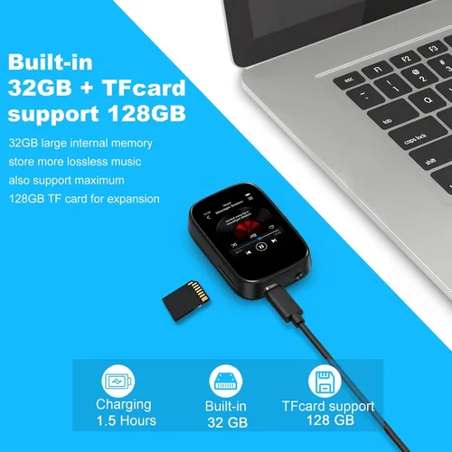 Vista 4 de Reproductor de MP3 de 32 GB con Bluetooth Deportes Clip-on Reproductor de música Soporte FM Radio Grabación de voz Libro electrónico Calendario
