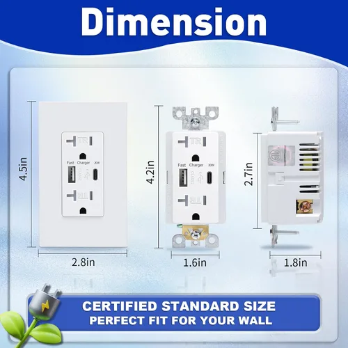 Vista 5 de 3GRACE Toma de corriente USB de pared, receptáculos de tomas de cargador con puertos USB C de 4.2 A, enchufe dúplex de 20 amperios resistente a