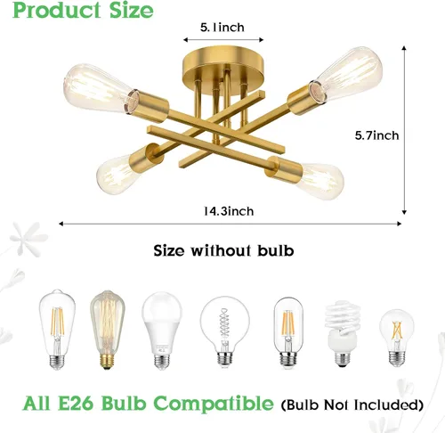 Vista 3 de Lámpara de techo semiempotrada dorada, lámpara de araña industrial moderna Sputnik de 4 luces, lámpara de techo empotrada para cocina, dormitorio