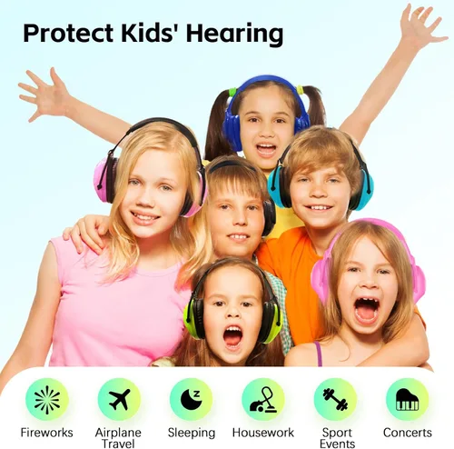 Vista 7 de 2 Pack HZ015 Orejeras de protección para niños, orejeras de seguridad duraderas con cancelación de ruido, verde+verde