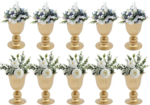 Vista 31 de Juego de 10 portavelas de metal dorado de 10.2 pulgadas de alto, florero, arreglo floral, candelabro, candelabro, portavelas para bodas, fiestas
