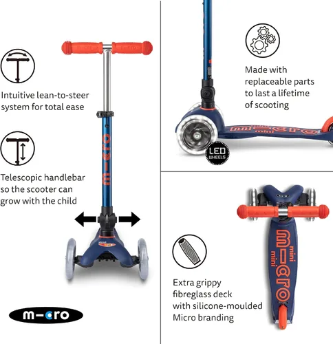 Vista 4 de Micro Kickboard - Mini Deluxe Scooter LED Plegable, 3 Ruedas, Inclinarse para Dirigir, Scooter Micro de Diseño Suizo con Ruedas LED que se Iluminan