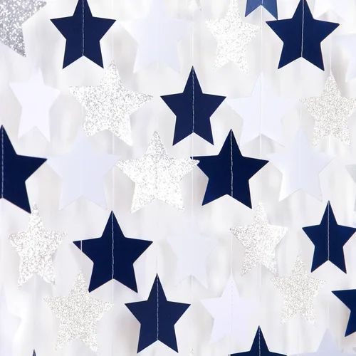 Vista 12 de Guirnalda de decoración de cumpleaños y graduación en negro y plata - 18.9 metros de serpentinas brillantes con purpurina y estrellas colgantes