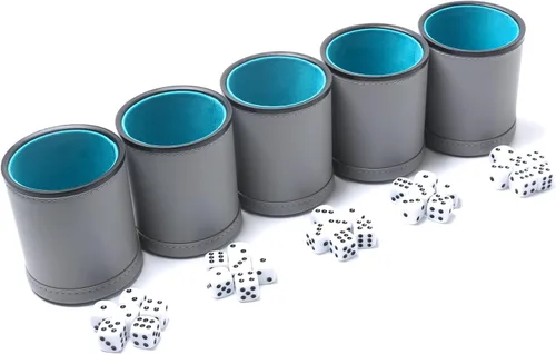 Vista 2 de Paquete de 5 dados de piel sintética con forro de fieltro silencioso con 30 dados de puntos para juegos de dados Yahtzee Farkle, gris