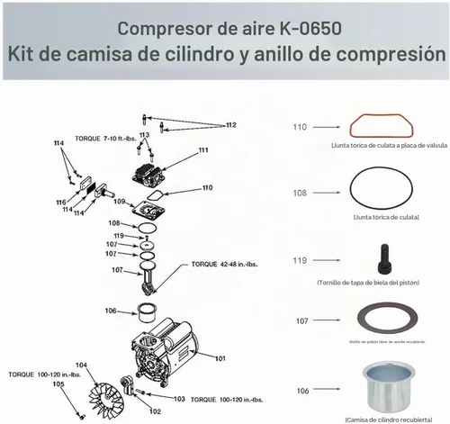 Vista 4 de K-0650 Kit de anillo de cilindro para compresor de aire compatible con cable Craftsman DeVilbiss Porter, reemplaza K-0058 KK-4835 KK-5081