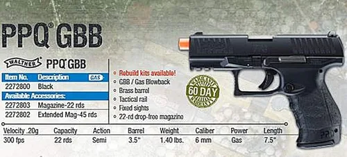 Vista 5 de Elite Force Umarex Walther PPQ GBB Blowback 6mm BB Pistol Airsoft Gun