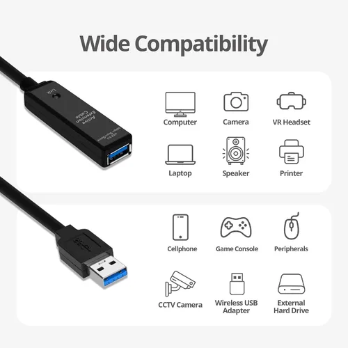 Vista 5 de SIIG Cable repetidor activo USB 3.0 de 33 pies, cable de extensión USB para unidad flash USB, disco duro, realidad virtual, impresora, cámara